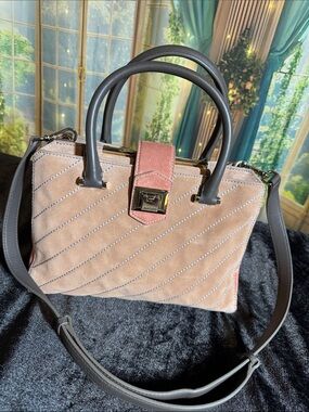 Jimmy Choo Suede Top-Handle Shoulder Bag Tan & Coral Gold Tone Accents